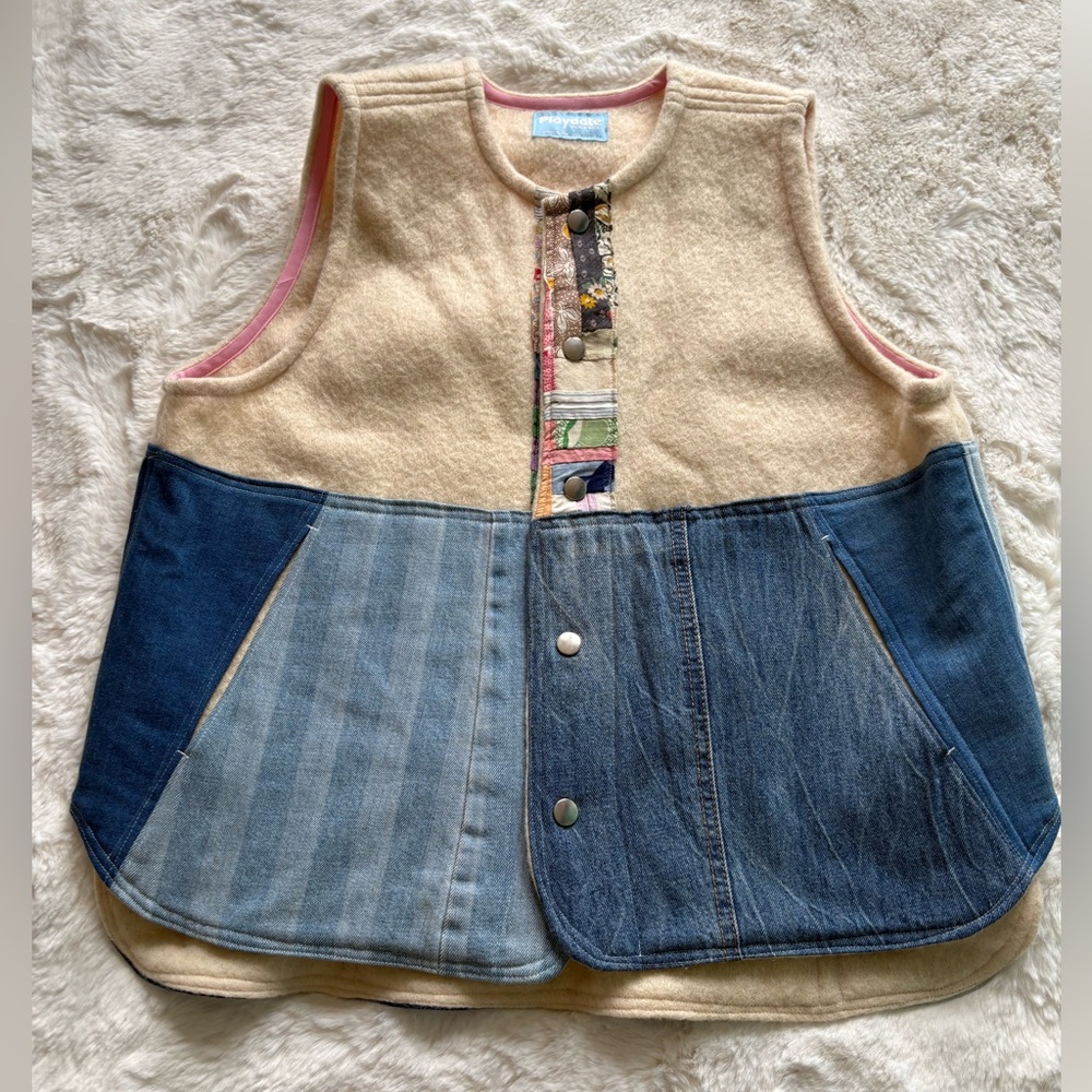 Patchwork Denim & Cream Vest with Pink Trim
